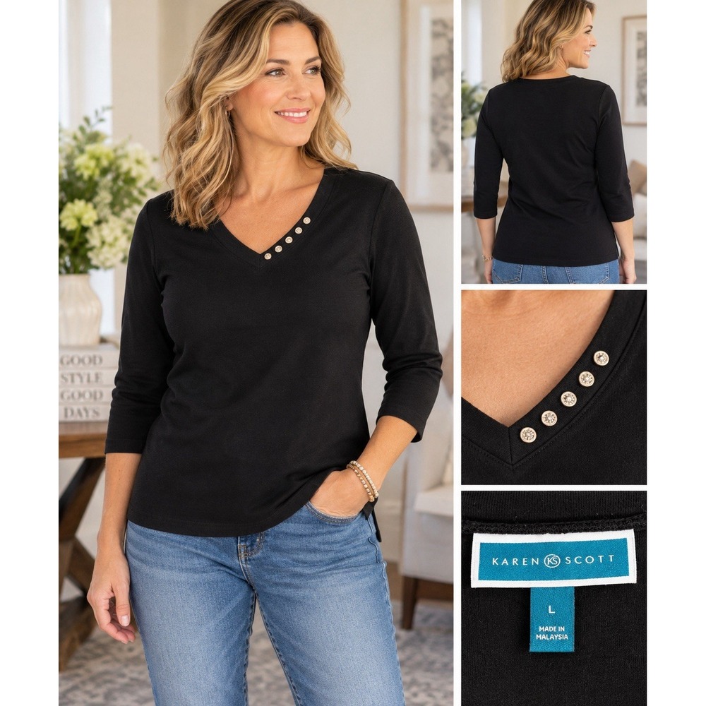 Karen Scott Women's L Black 3/4 Sleeve V-Neck Embellished 100% Cotton Top